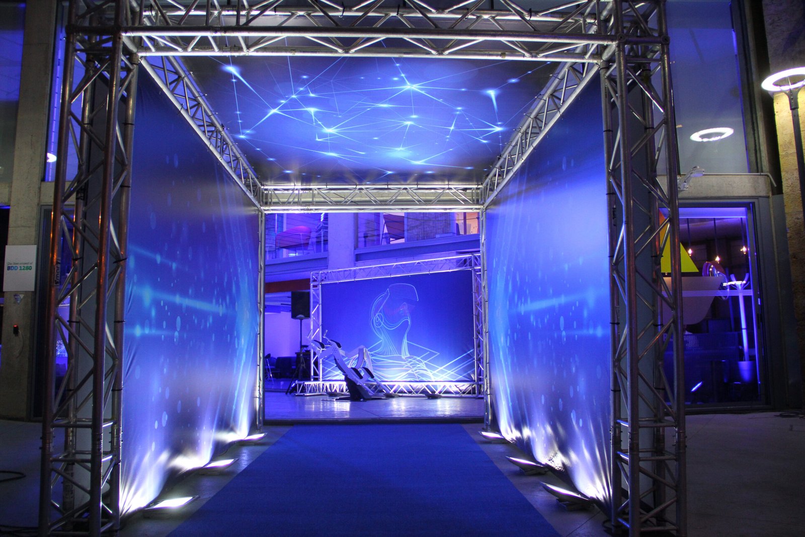 Truss tunnel structure with digital branding for a launch event